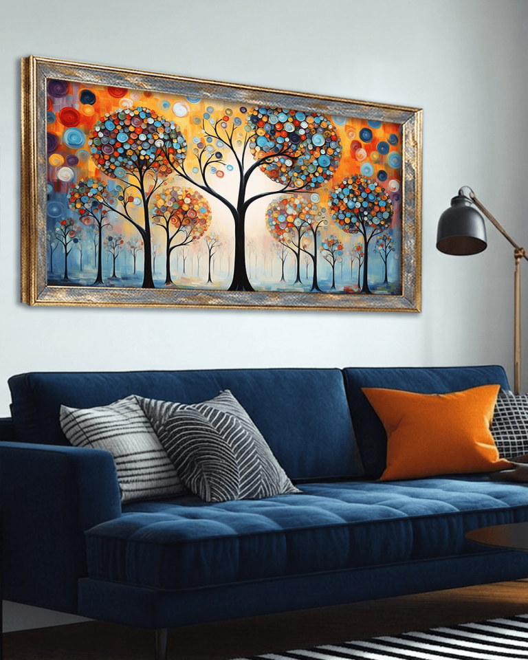 Renkli Dairesel Yapraklı Ağaçlar Premium Çerçeveli Tek Parça Tablo 65X110 cm PRM