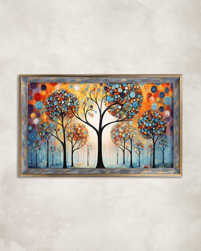 Renkli Dairesel Yapraklı Ağaçlar Premium Çerçeveli Tek Parça Tablo 65X110 cm PRM