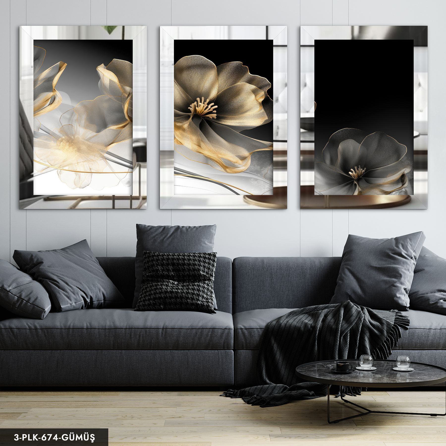 Gold Çiçek 3 Parça Pleksi Aynalı Tablo 60 x 80 CM - Gümüş