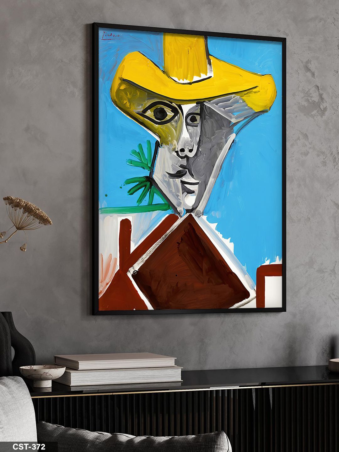 Pablo Picasso Sarı Şapkalı Portre Tek Parça Ahşap Çerçeveli Tablo Siyah - 50 x 70 CM