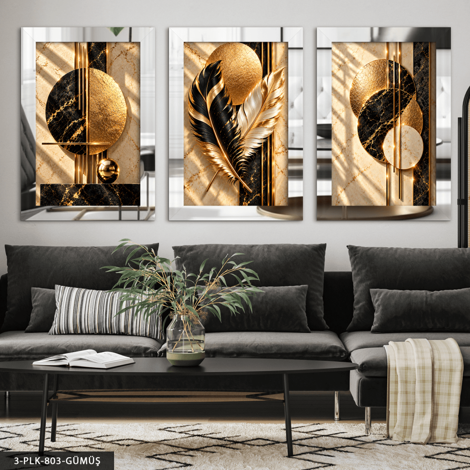 Gold Siyah Daireler ve Tüy 3 Parça Pleksi Aynalı Tablo Gümüş - 30 x 40 CM