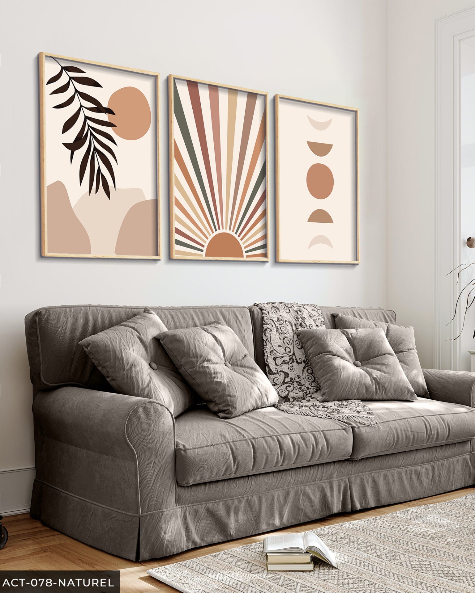 Soyut Desen 3 Parça Ahşap Çerçeveli Tablo Naturel - 30 x 40 CM