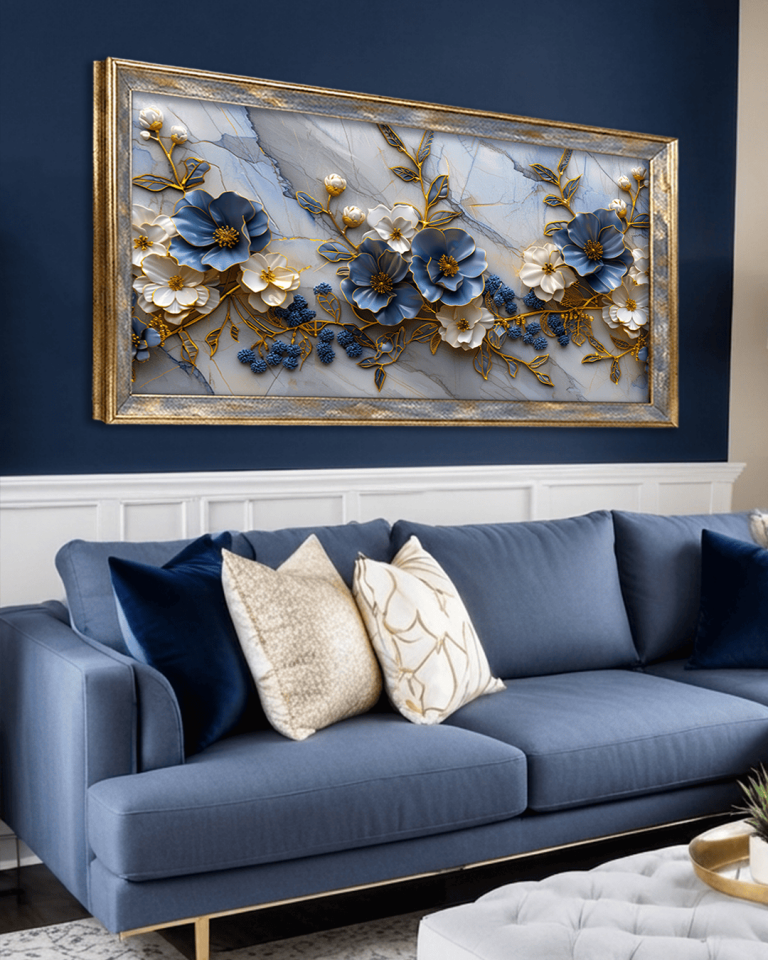 Mavi Beyaz Çiçekler Premium Çerçeveli Tek Parça Tablo 65X110 cm PRM