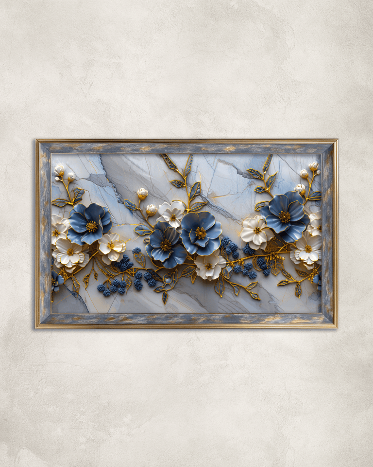 Mavi Beyaz Çiçekler Premium Çerçeveli Tek Parça Tablo 65X110 cm PRM