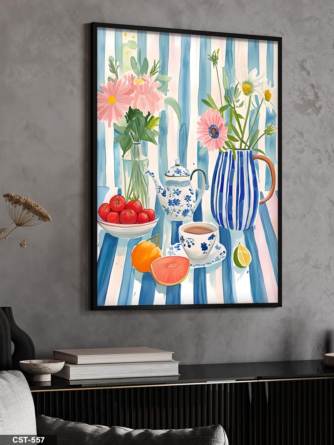 Sulu Boya Görünümlü Natürmort Tek Parça Ahşap Çerçeveli Tablo Siyah - 30 x 40 CM