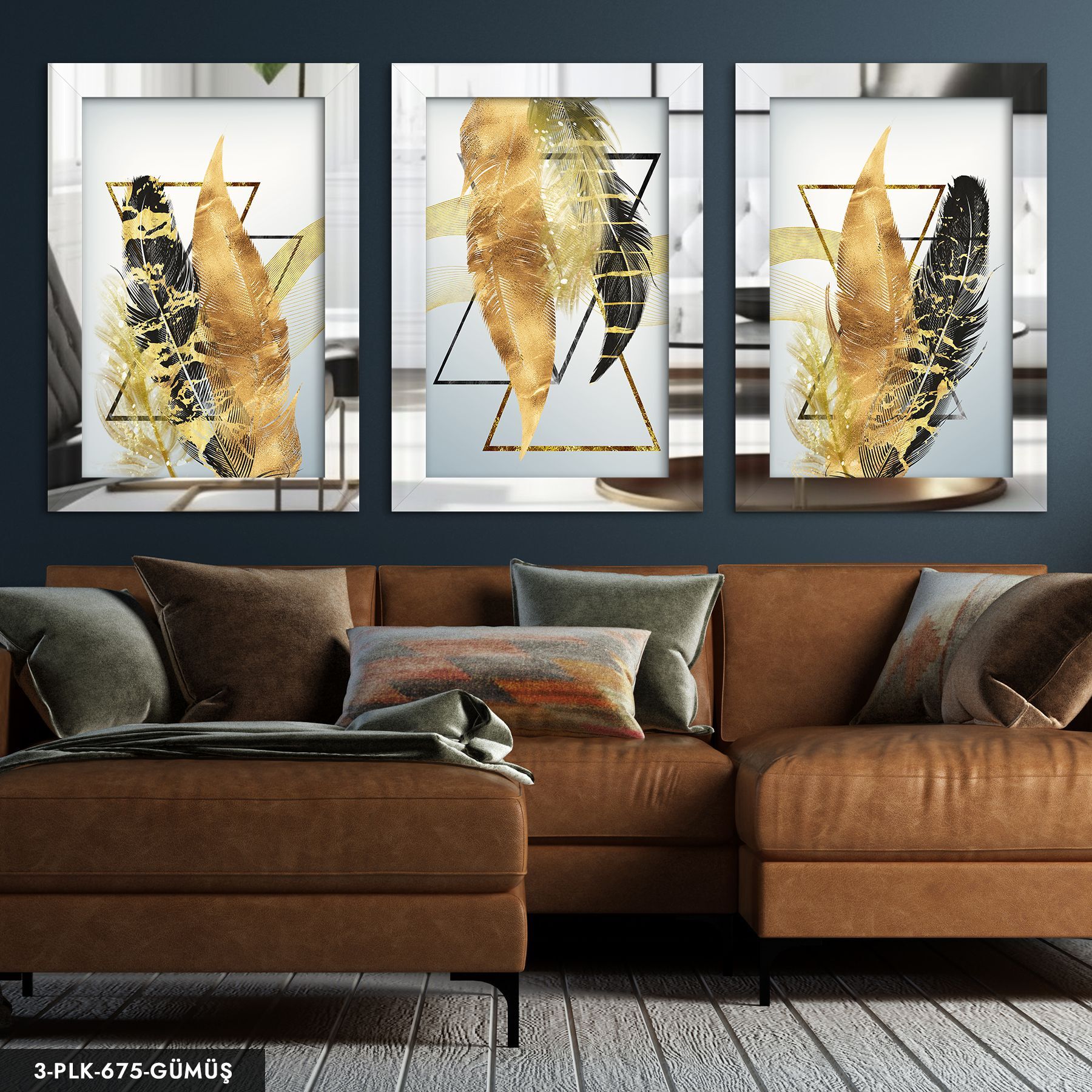 Üçgen ve Renkli Tüyler 3 Parça Pleksi Aynalı Tablo 60 x 80 CM - Gümüş
