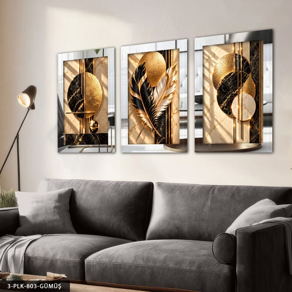 Gold Siyah Daireler ve Tüy 3 Parça Pleksi Aynalı Tablo Gümüş - 40 x 60 CM