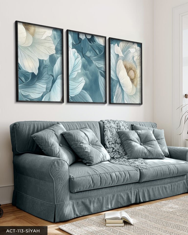 Mavi Zeminde Beyaz Çiçek 3 Parça Ahşap Çerçeveli Tablo ACT Siyah - 40 x 60 CM