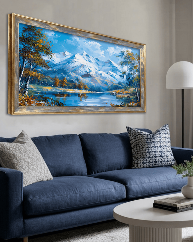 Yağlı Boya Görünümlü Dağ Manzarası Premium Çerçeveli Tek Parça Tablo 65X110 cm PRM