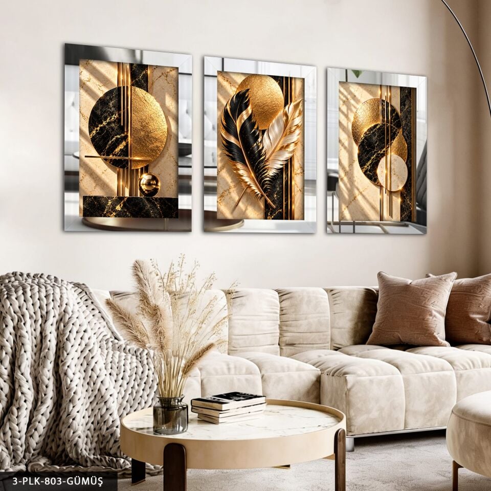 Gold Siyah Daireler ve Tüy 3 Parça Pleksi Aynalı Tablo Gümüş - 50 x 70 CM