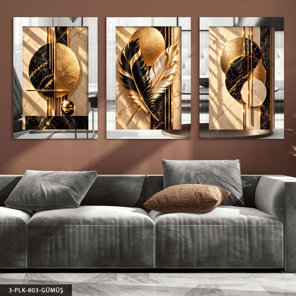 Gold Siyah Daireler ve Tüy 3 Parça Pleksi Aynalı Tablo Gümüş - 50 x 70 CM