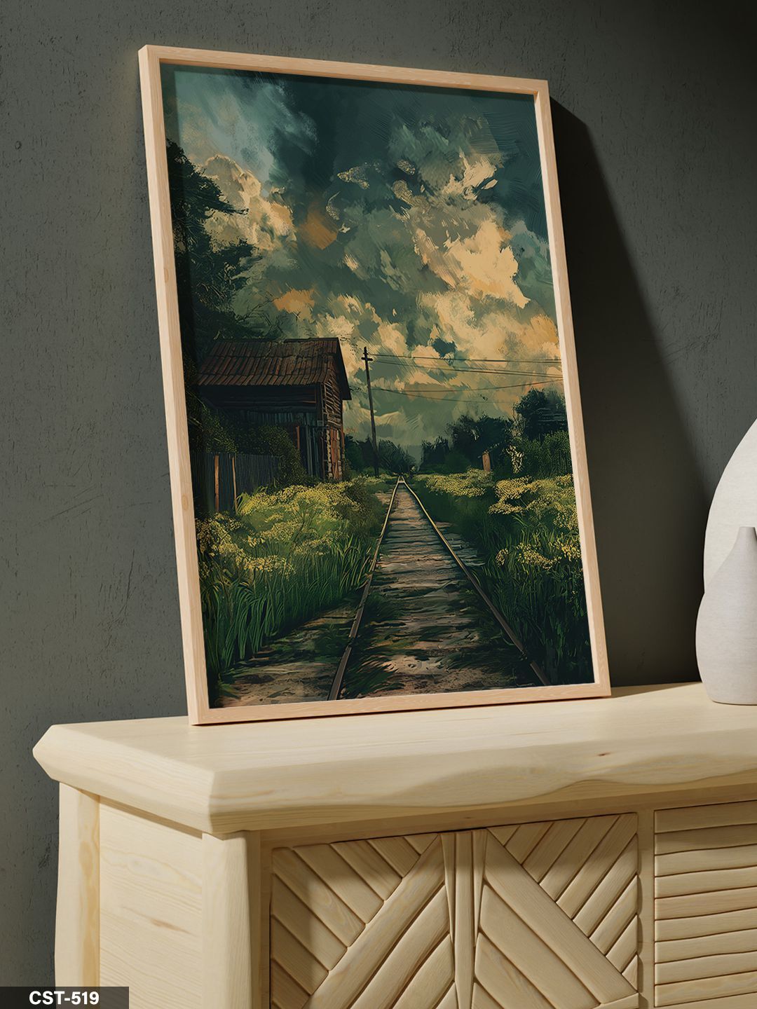 Tren yolu Tek Parça Ahşap Çerçeveli Tablo Naturel - 20 x 30 CM