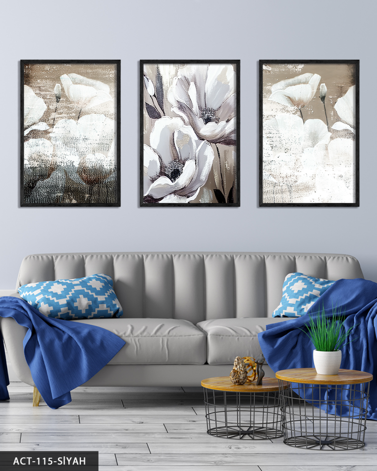 Yağlı Boya Görünümlü Beyaz Çiçek 3 Parça Ahşap Çerçeveli Tablo ACT Siyah - 40 x 60 CM