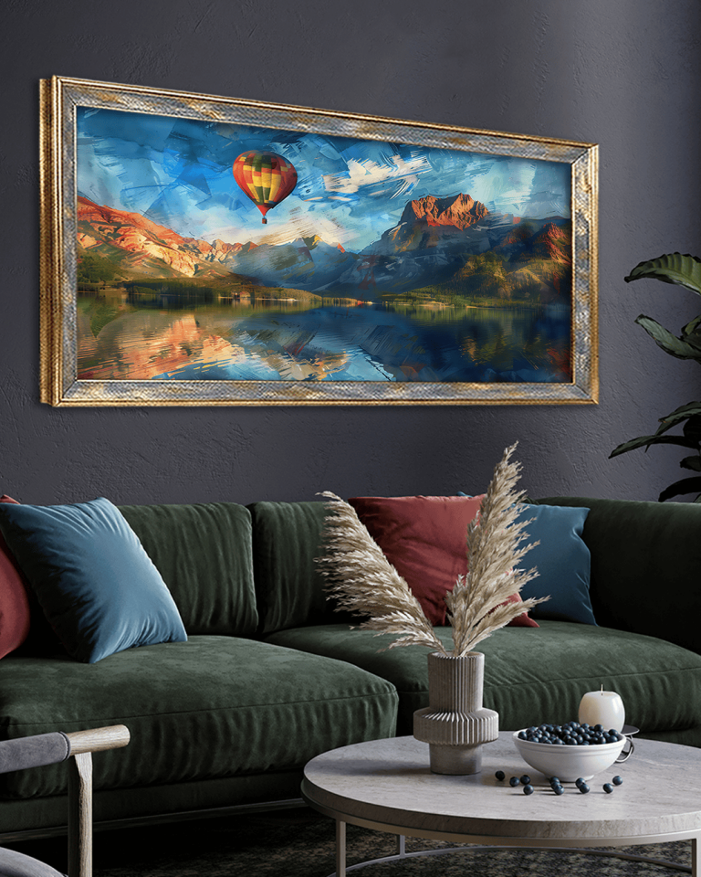 Yağlı Boya Görünümlü Uçan Balon Premium Çerçeveli Tek Parça Tablo 65X110 cm PRM