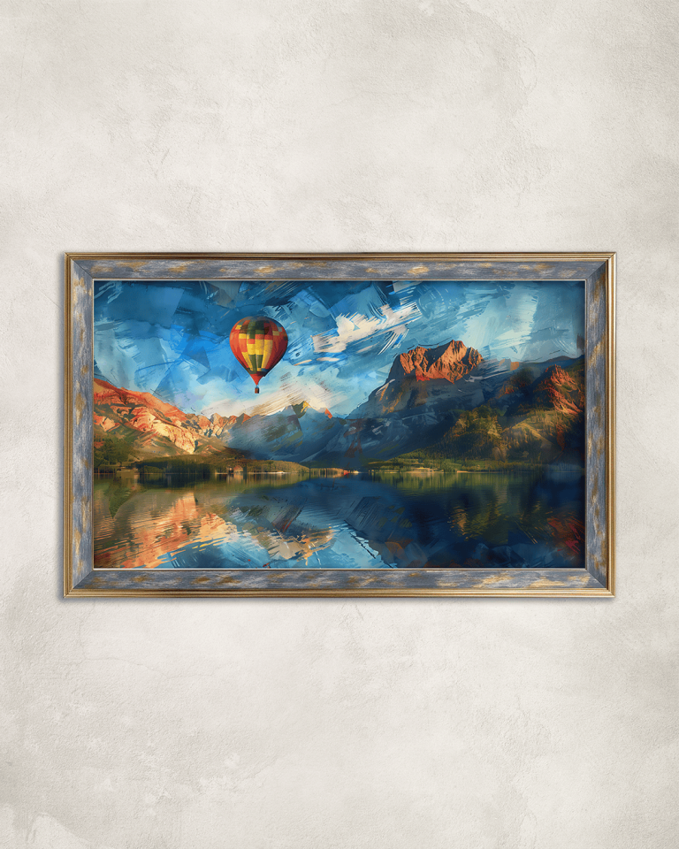 Yağlı Boya Görünümlü Uçan Balon Premium Çerçeveli Tek Parça Tablo 65X110 cm PRM