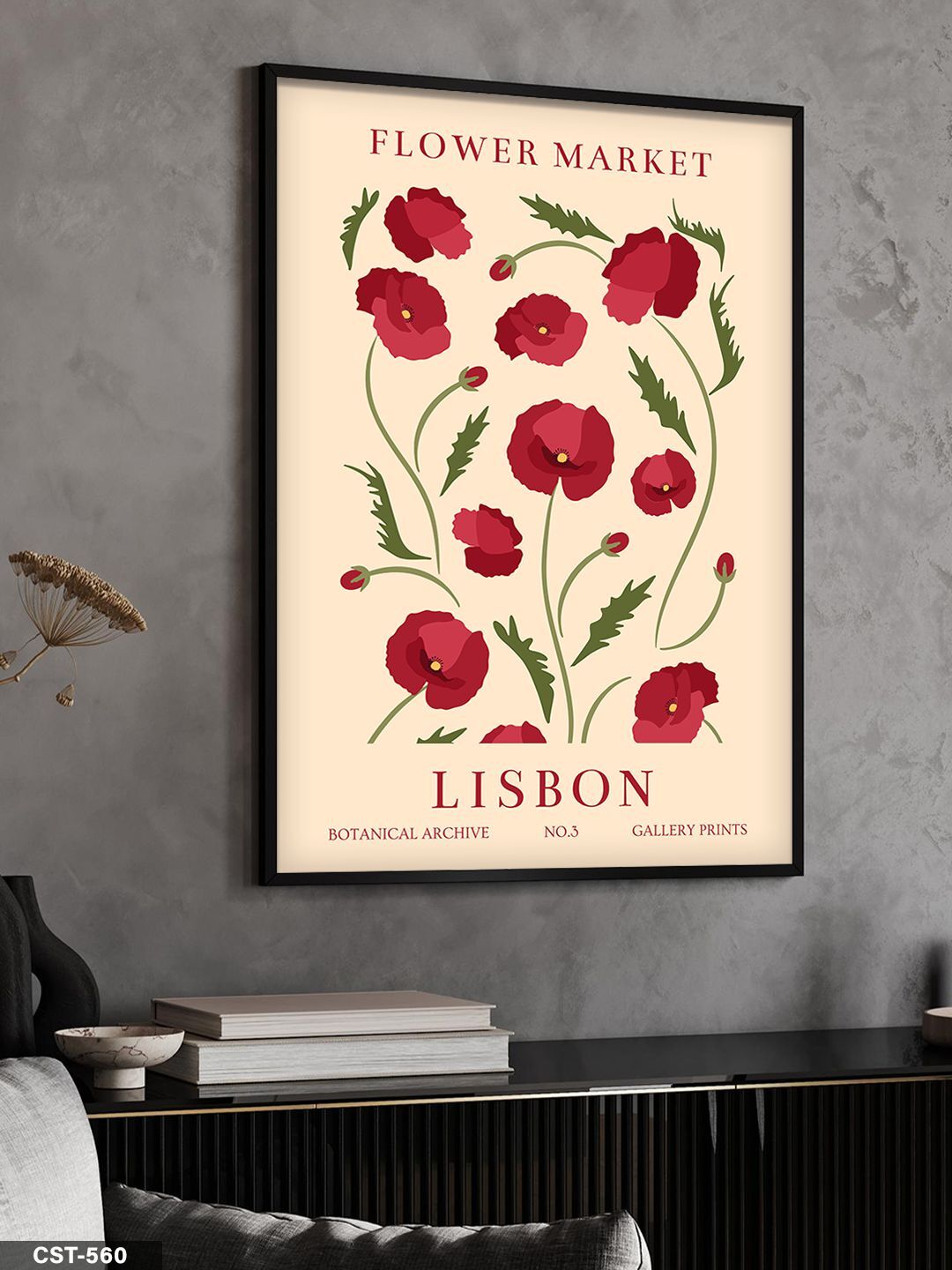 Flower Market Lisbon Tek Parça Ahşap Çerçeveli Tablo Siyah - 30 x 40 CM