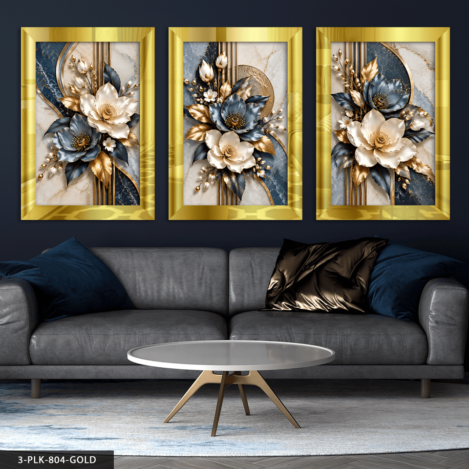 Dokulu Görünüm Mavi Beyaz Çiçek 3 Parça Pleksi Aynalı Tablo 30 x 40 CM - Gold