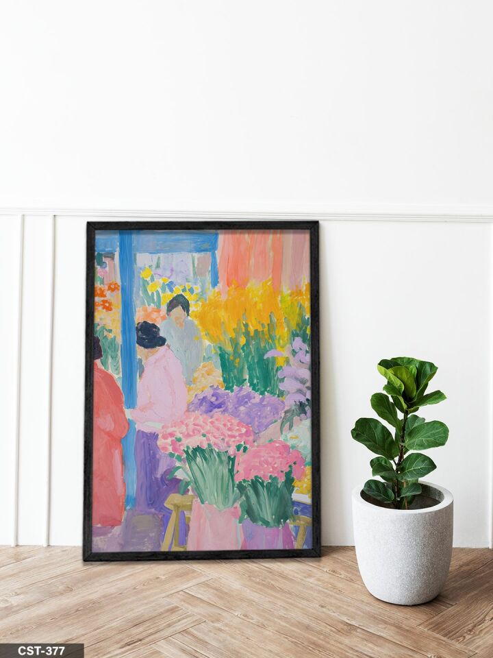 Gerrit Albertus Bereker Flower Market Tek Parça Ahşap Çerçeveli Tablo Siyah - 50 x 70 CM