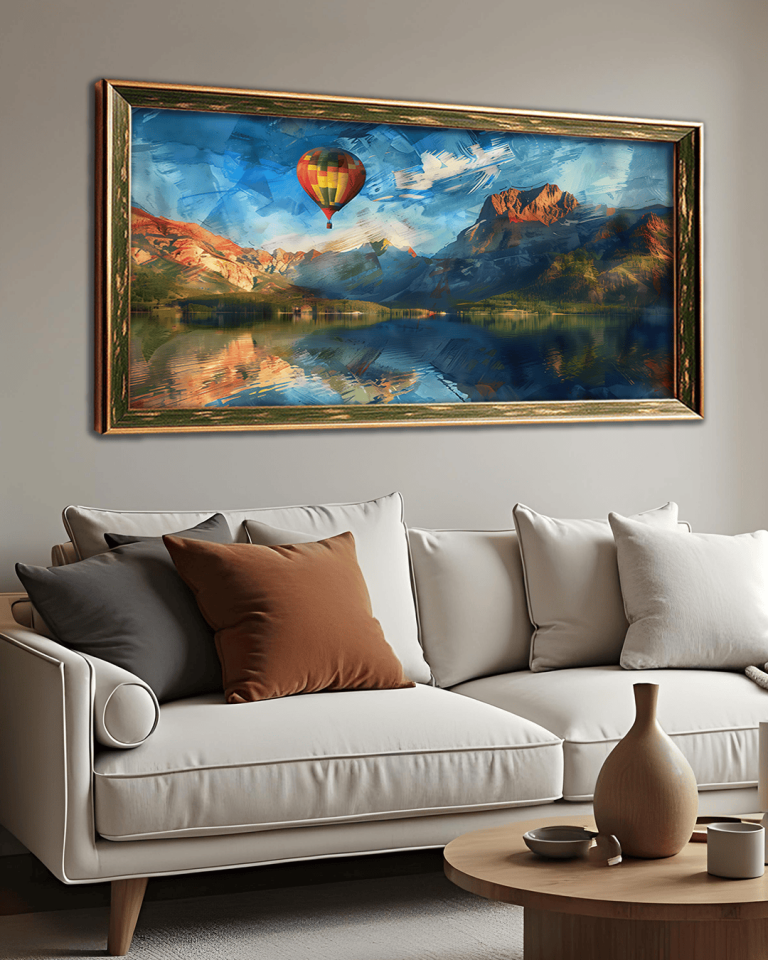 Yağlı Boya Görünümlü Uçan Balon Premium Çerçeveli Tek Parça Tablo 65X110 cm PRM Yeşil