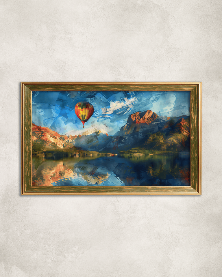 Yağlı Boya Görünümlü Uçan Balon Premium Çerçeveli Tek Parça Tablo 65X110 cm PRM Yeşil