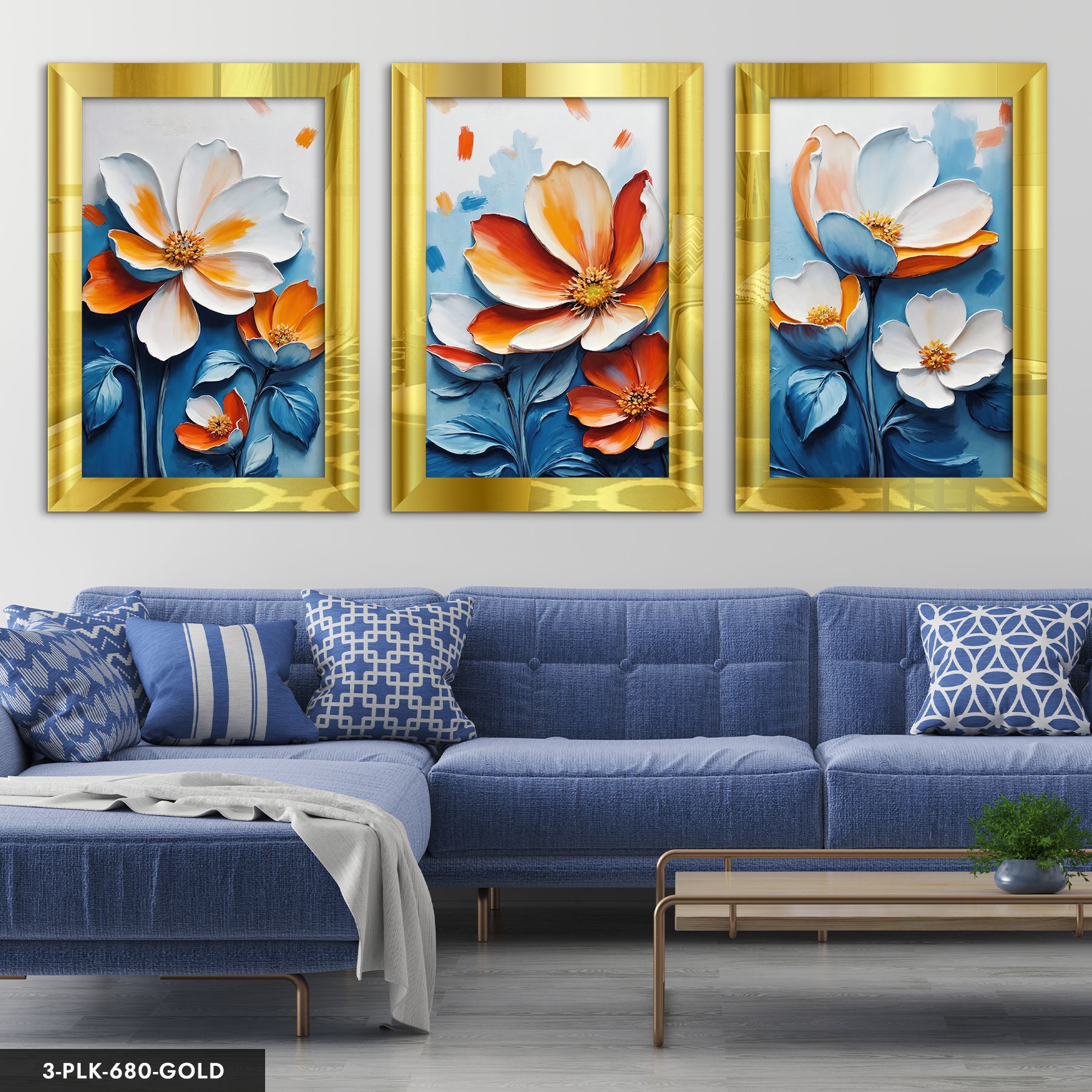 Mavi Yapraklı Turuncu Çiçek 3 Parça Pleksi Aynalı Tablo 60 x 80 CM - Gold