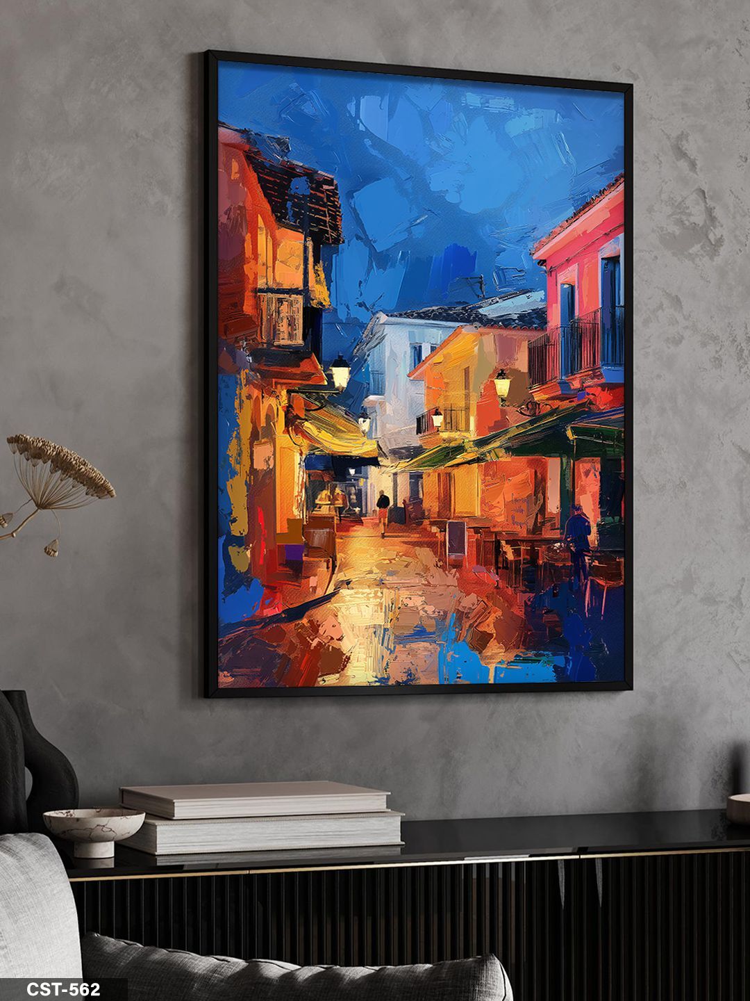 Yağlı Boya Renkli Sokak Tek Parça Ahşap Çerçeveli Tablo Siyah - 30 x 40 CM