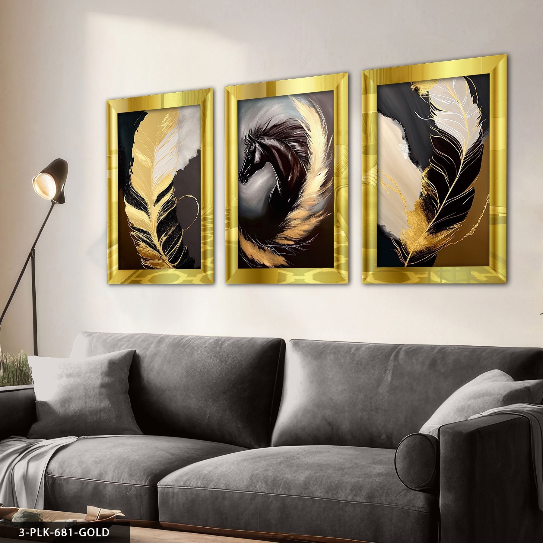 Siyah At ve Gold Tüy 3 Parça Pleksi Aynalı Tablo