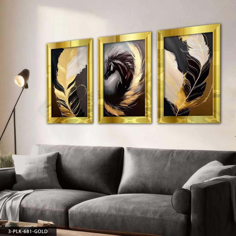 Siyah At ve Gold Tüy 3 Parça Pleksi Aynalı Tablo