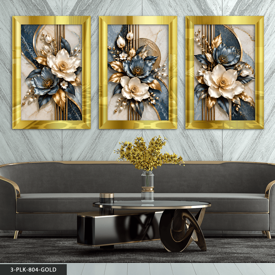 Dokulu Görünüm Mavi Beyaz Çiçek 3 Parça Pleksi Aynalı Tablo 50 x 70 CM - Gold
