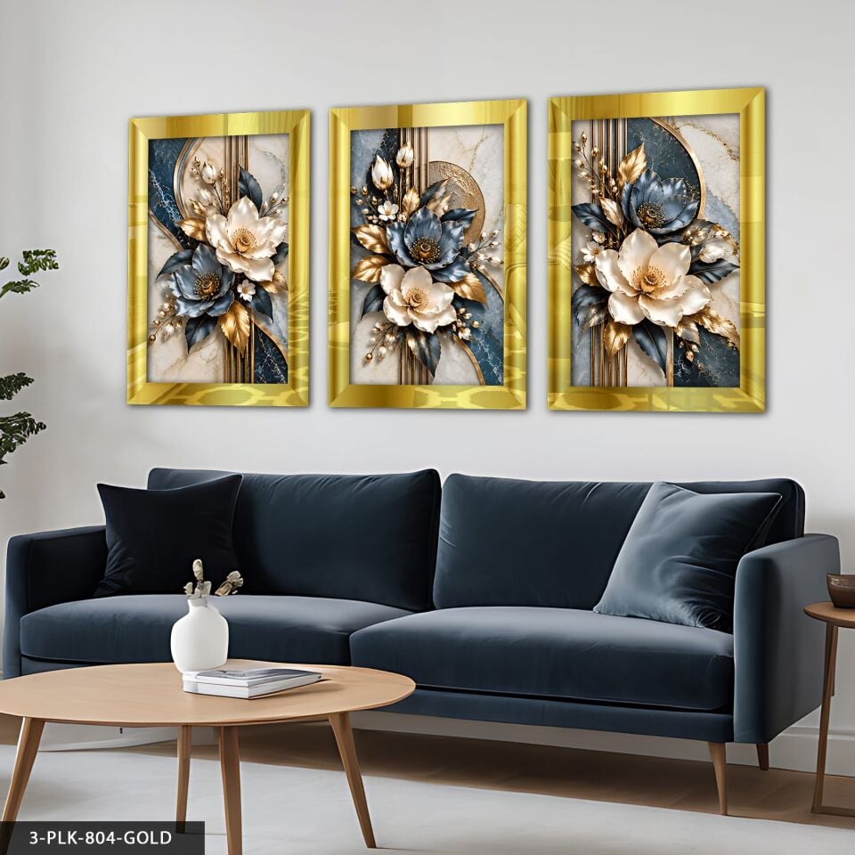 Dokulu Görünüm Mavi Beyaz Çiçek 3 Parça Pleksi Aynalı Tablo 50 x 70 CM - Gold