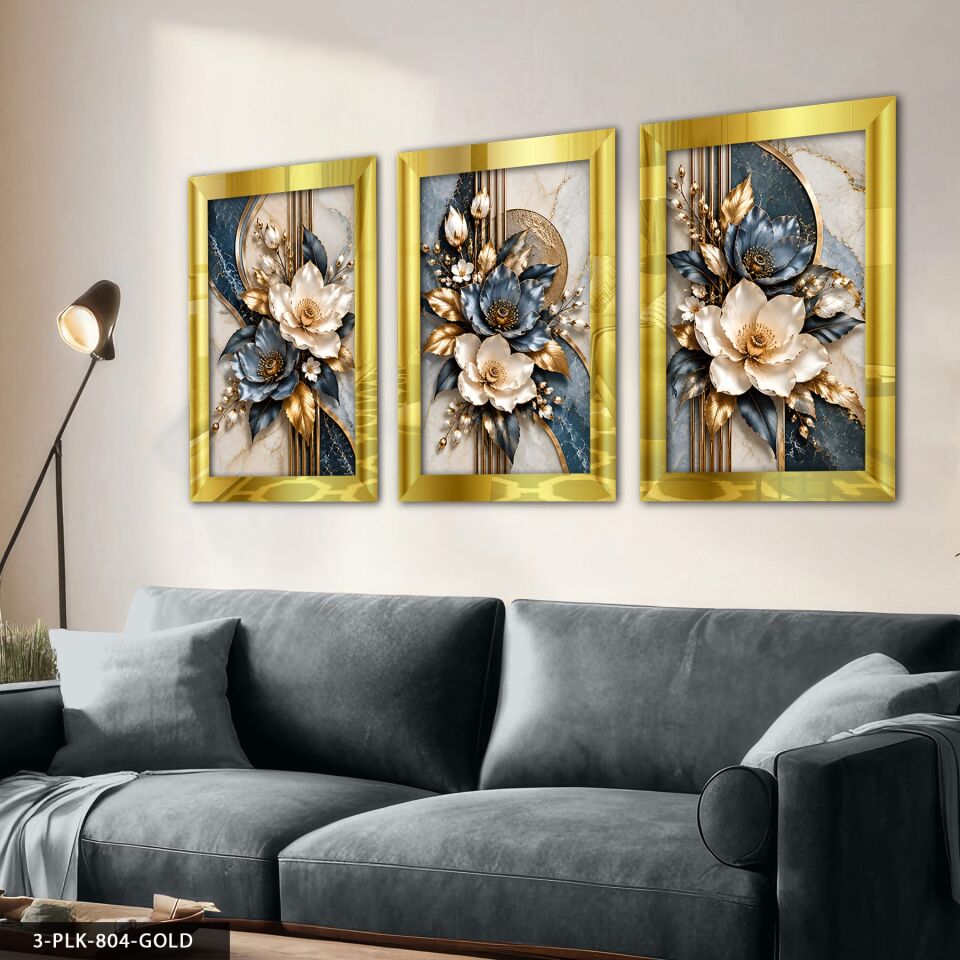 Dokulu Görünüm Mavi Beyaz Çiçek 3 Parça Pleksi Aynalı Tablo 50 x 70 CM - Gold