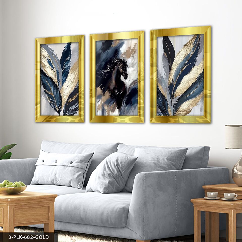 Siyah At ve Yaprak 3 Parça Pleksi Aynalı Tablo 60 x 80 CM - Gold