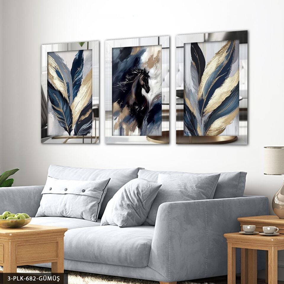 Siyah At ve Yaprak 3 Parça Pleksi Aynalı Tablo 60 x 80 CM - Gümüş