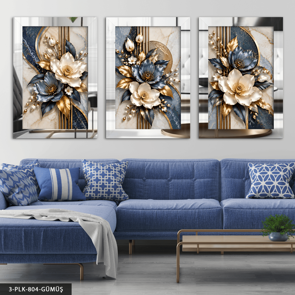 Dokulu Görünüm Mavi Beyaz Çiçek 3 Parça Pleksi Aynalı Tablo Gümüş - 30 x 40 CM