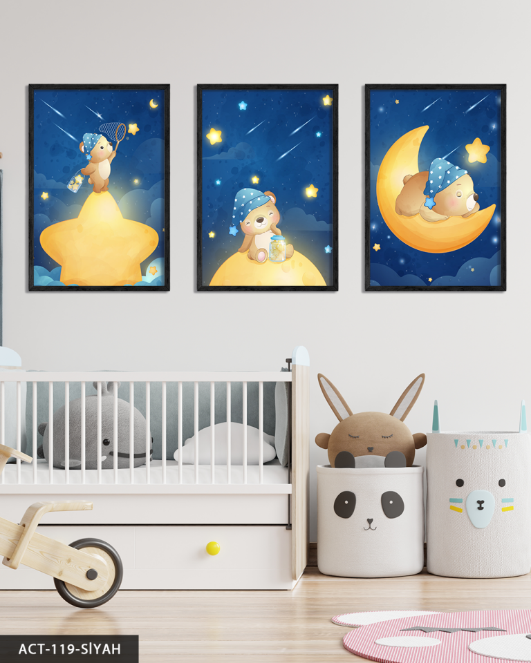 Sevimli Kedi 3 Parça Ahşap Çerçeveli Tablo ACT Siyah - 40 x 60 CM
