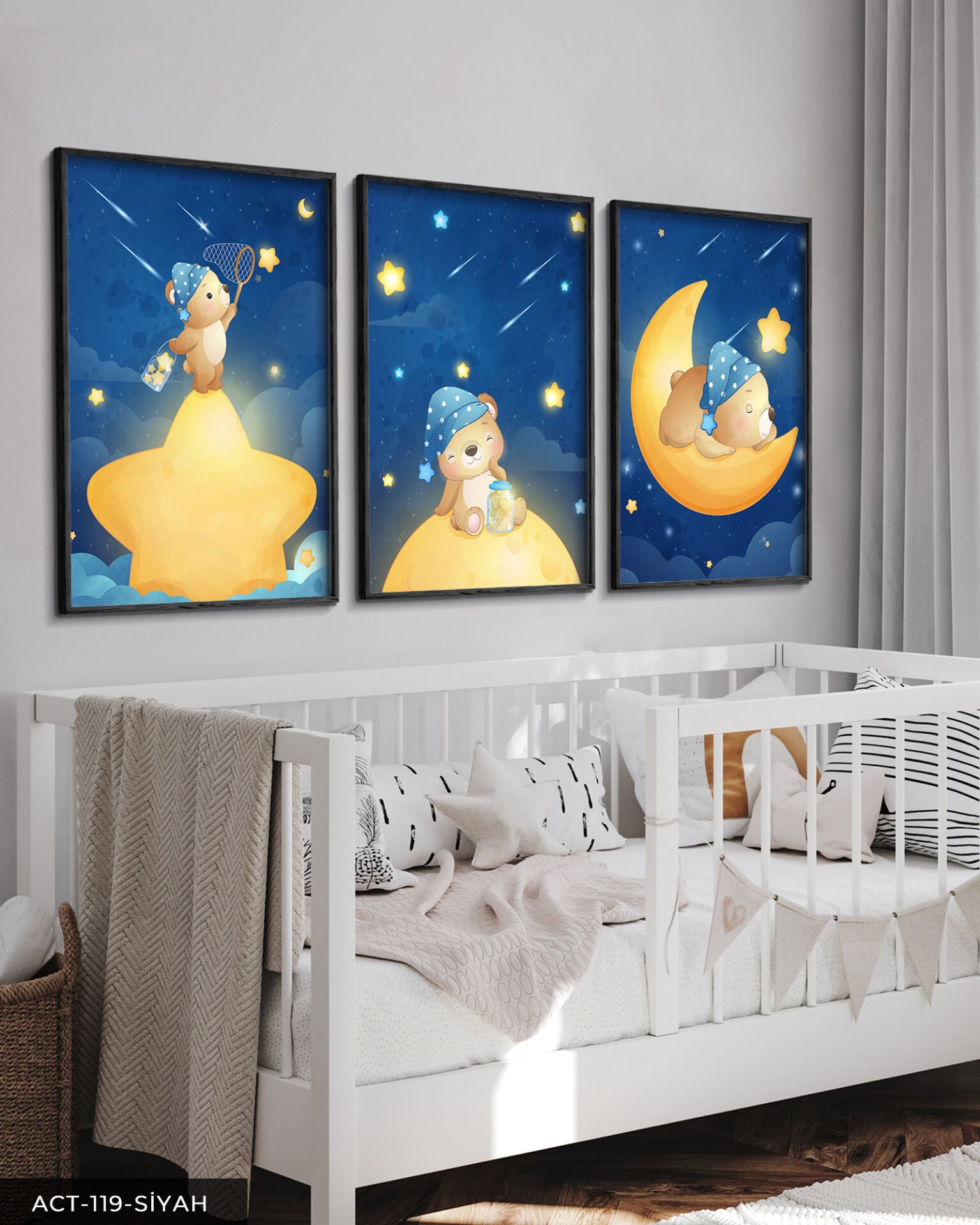 Sevimli Kedi 3 Parça Ahşap Çerçeveli Tablo ACT Siyah - 40 x 60 CM
