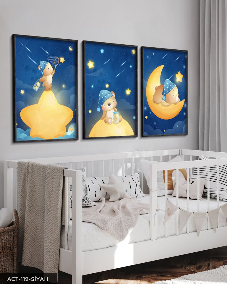 Sevimli Kedi 3 Parça Ahşap Çerçeveli Tablo ACT Siyah - 40 x 60 CM
