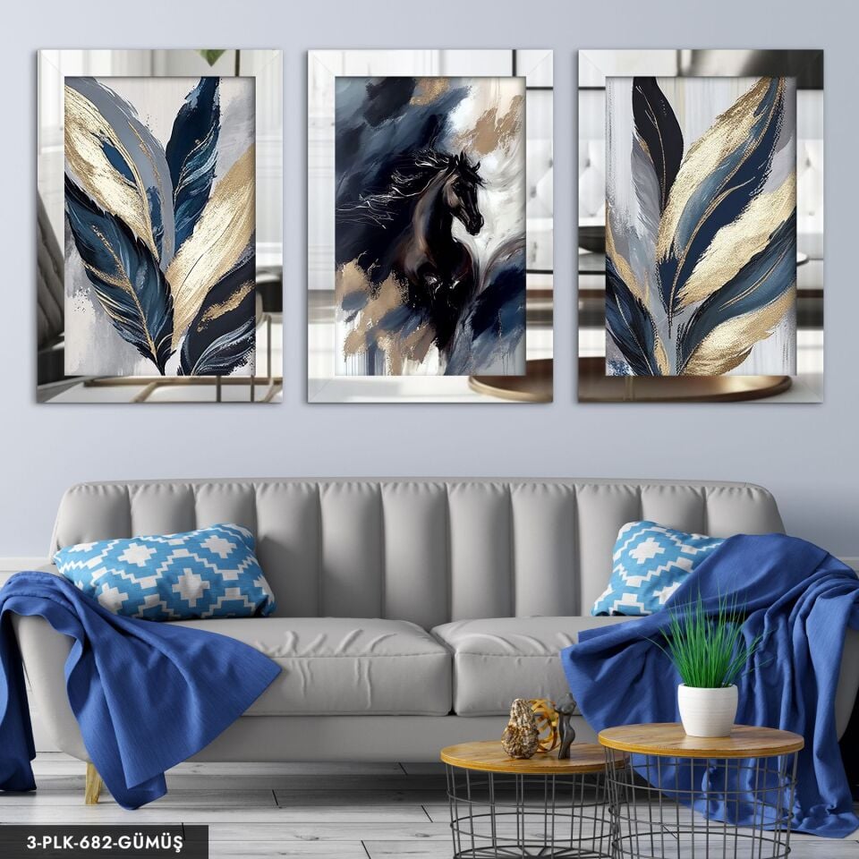 Siyah At ve Yaprak 3 Parça Pleksi Aynalı Tablo 60 x 80 CM - Gümüş