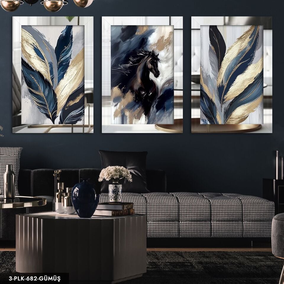 Siyah At ve Yaprak 3 Parça Pleksi Aynalı Tablo 60 x 80 CM - Gümüş