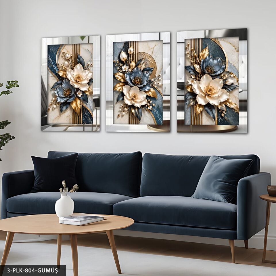 Dokulu Görünüm Mavi Beyaz Çiçek 3 Parça Pleksi Aynalı Tablo Gümüş - 40 x 60 CM
