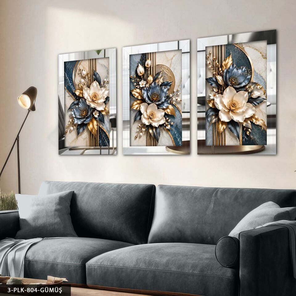 Dokulu Görünüm Mavi Beyaz Çiçek 3 Parça Pleksi Aynalı Tablo Gümüş - 40 x 60 CM