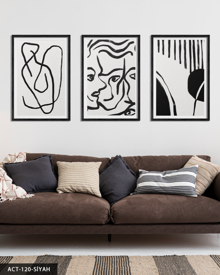 Portreler ve Soyut Sanat 3 Parça Ahşap Çerçeveli Tablo ACT Siyah - 40 x 60 CM