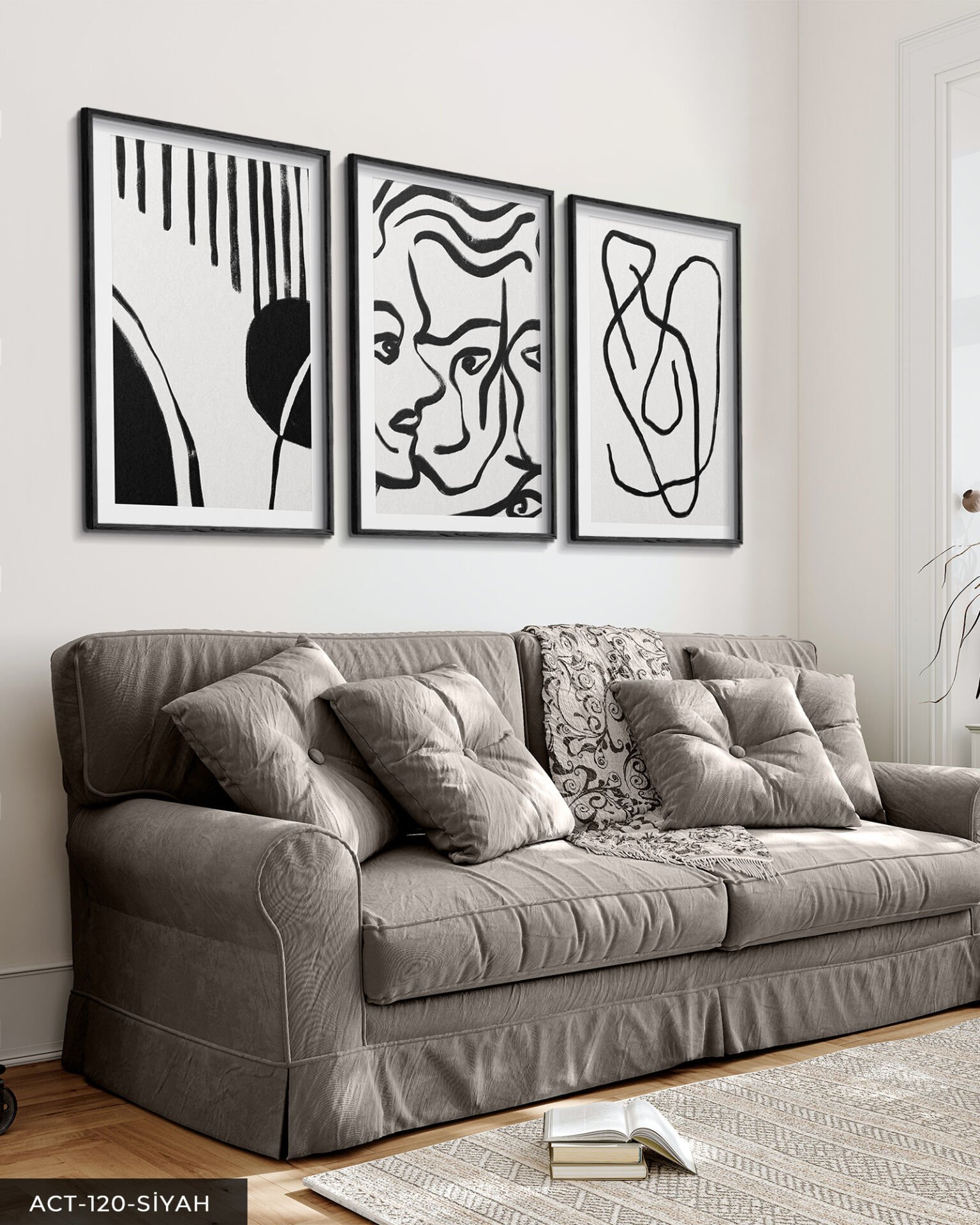 Portreler ve Soyut Sanat 3 Parça Ahşap Çerçeveli Tablo ACT Siyah - 40 x 60 CM