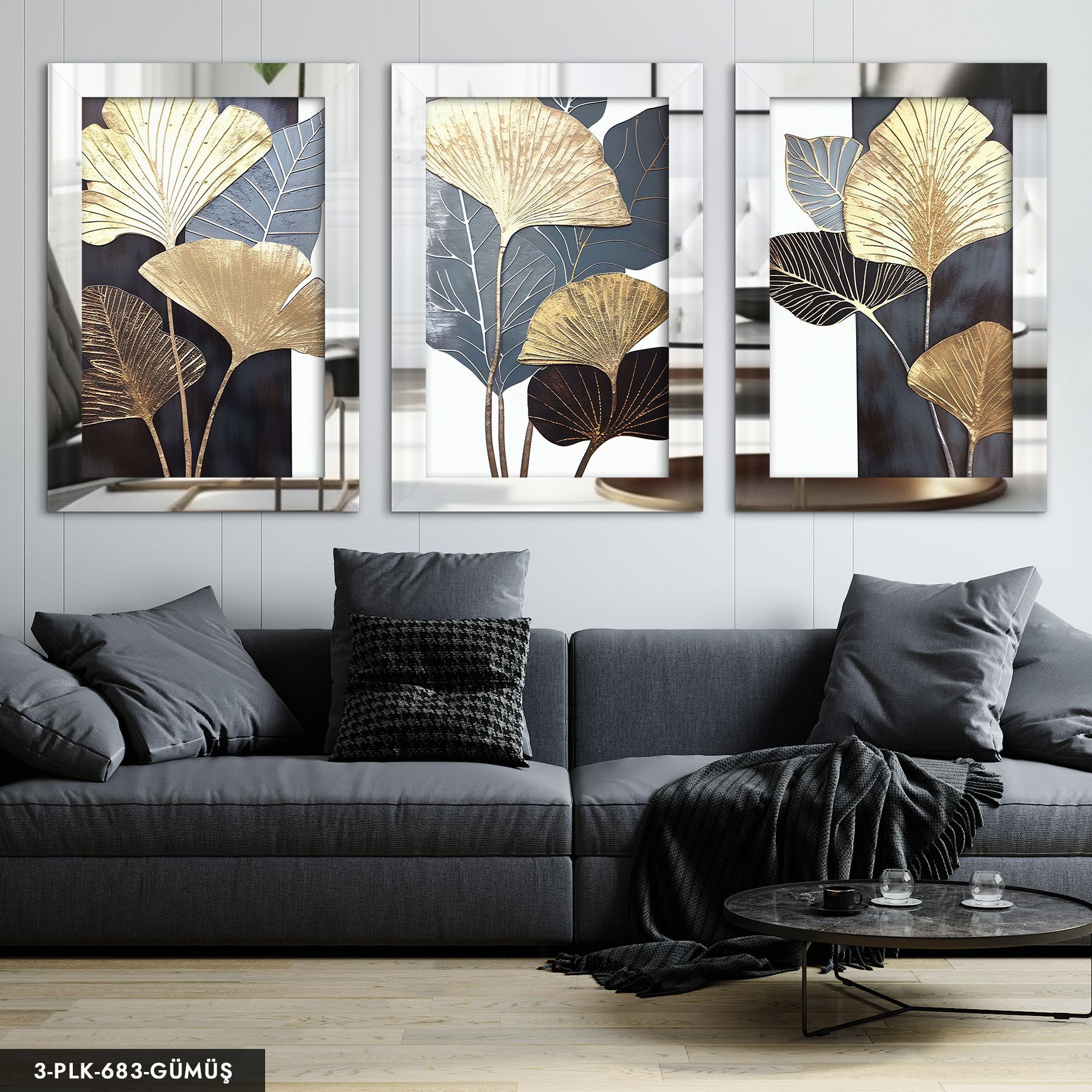 Gri ve Gold Yapraklar 3 Parça Pleksi Aynalı Tablo 60 x 80 CM - Gümüş