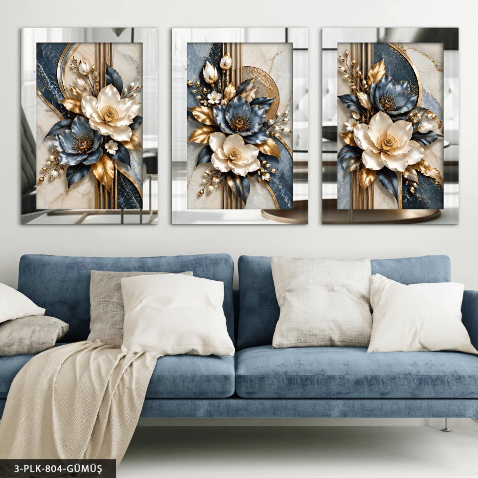 Dokulu Görünüm Mavi Beyaz Çiçek 3 Parça Pleksi Aynalı Tablo Gümüş - 50 x 70 CM