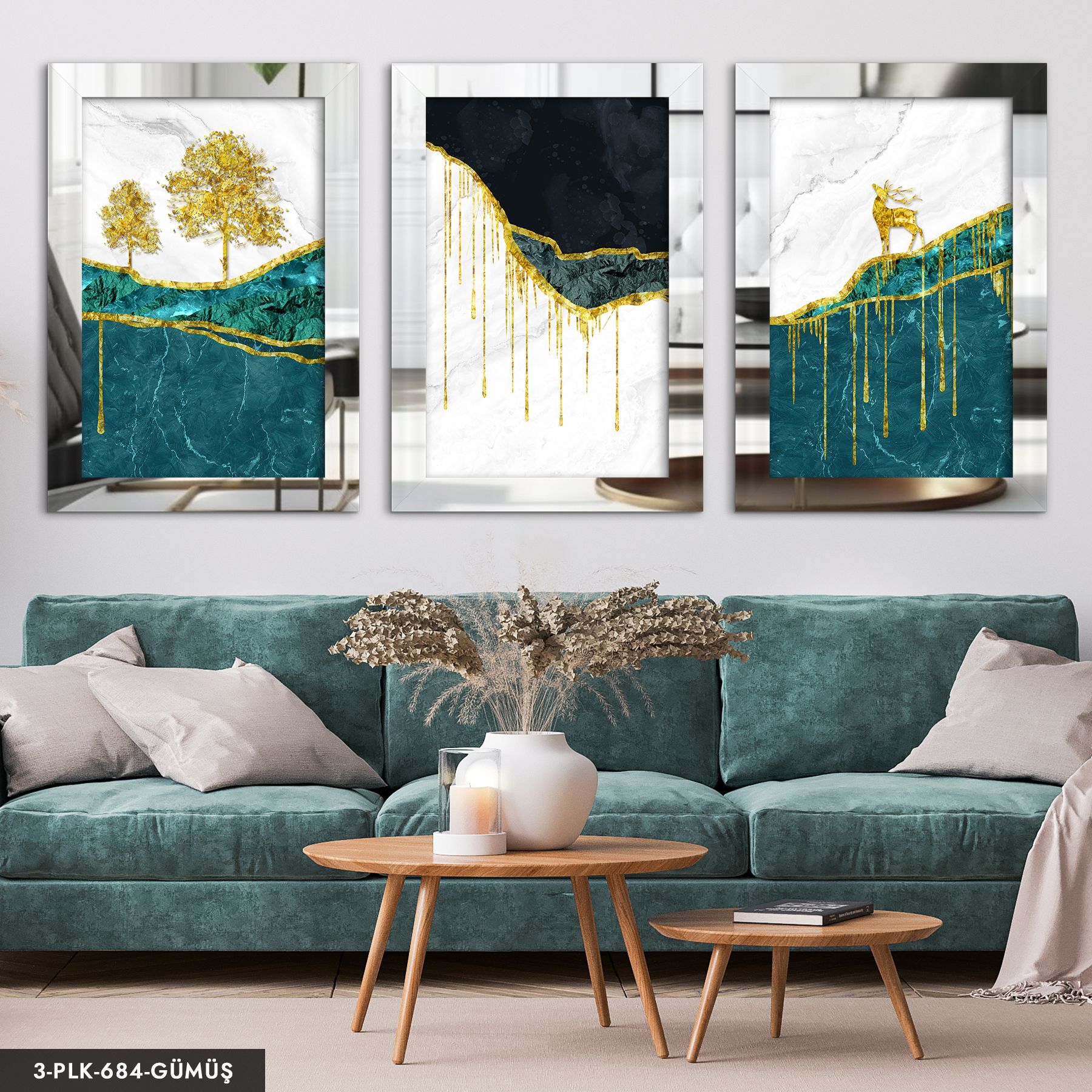 Gold Ağaç ve Geyik 3 Parça Pleksi Aynalı Tablo 60 x 80 CM - Gümüş