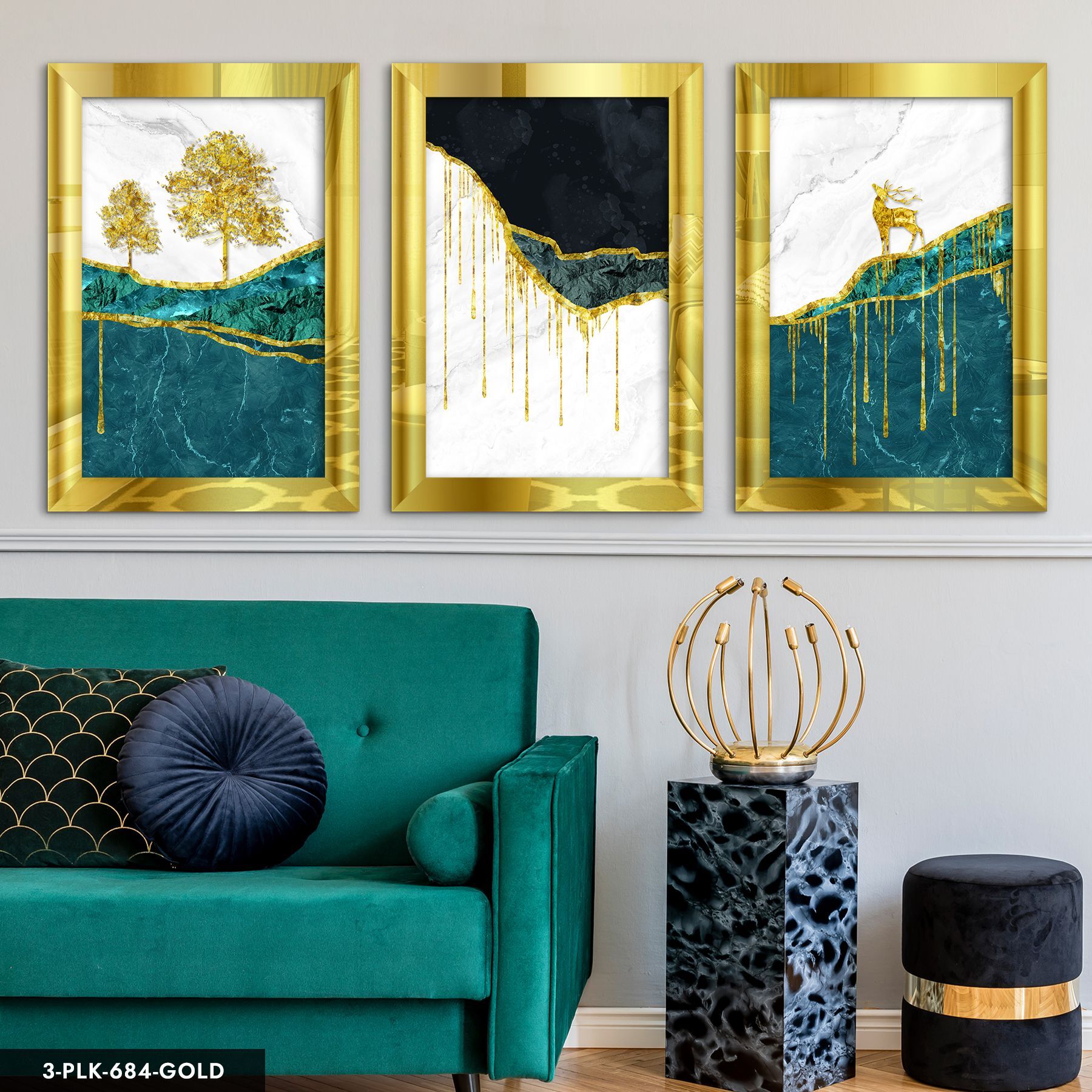 Gold Ağaç ve Geyik 3 Parça Pleksi Aynalı Tablo 60 x 80 CM - Gold