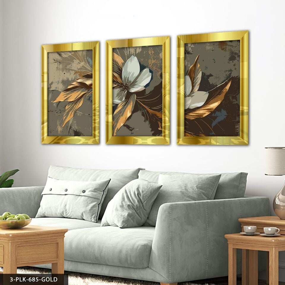 Yağlı Boya Görünümlü Gold Yapraklı Çiçek 3 Parça Pleksi Aynalı Tablo 60 x 80 CM - Gold