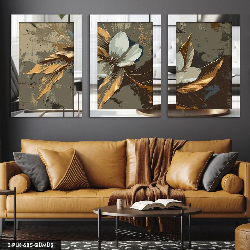 Yağlı Boya Görünümlü Gold Yapraklı Çiçek 3 Parça Pleksi Aynalı Tablo 60 x 80 CM - Gümüş
