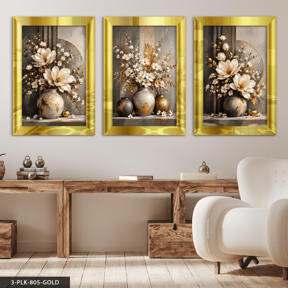 Vazoda Beyaz Çiçekler 3 Parça Pleksi Aynalı Tablo 30 x 40 CM - Gold
